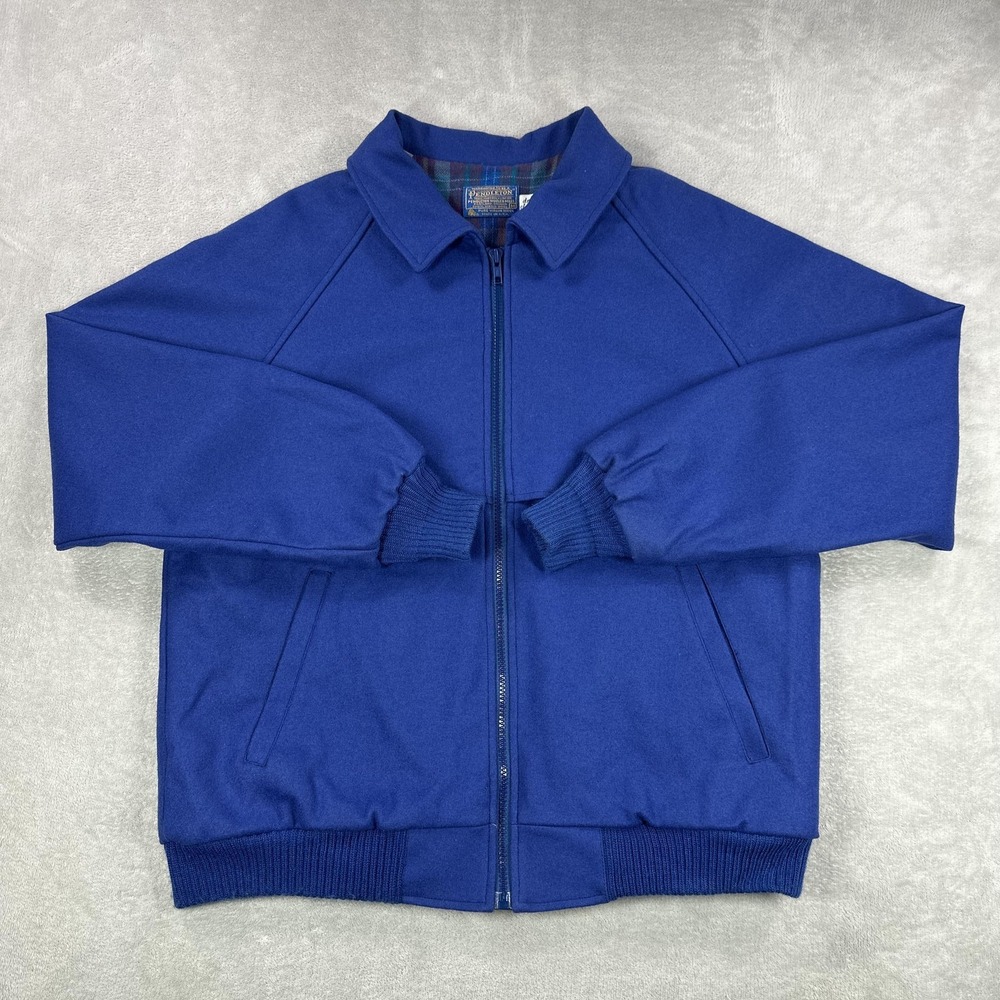 Vintage Pendleton Jacket Mens Medium Blue Wool Bomber Plaid Lined Made USA